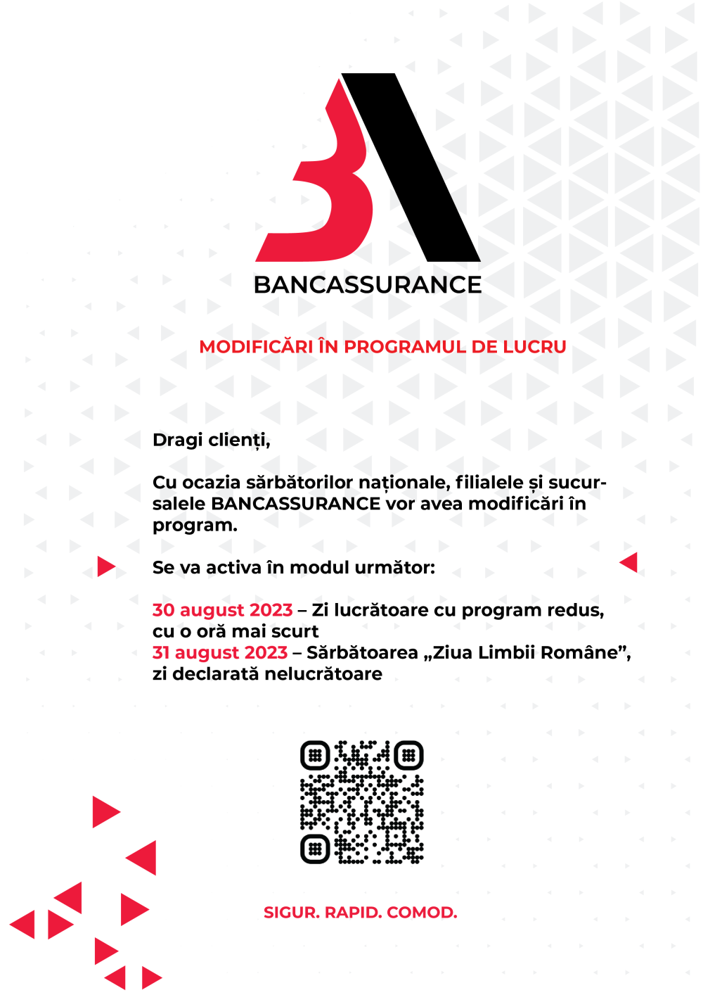 Modificări în programul de lucru BANCASSURANCE în perioada 30-31 august